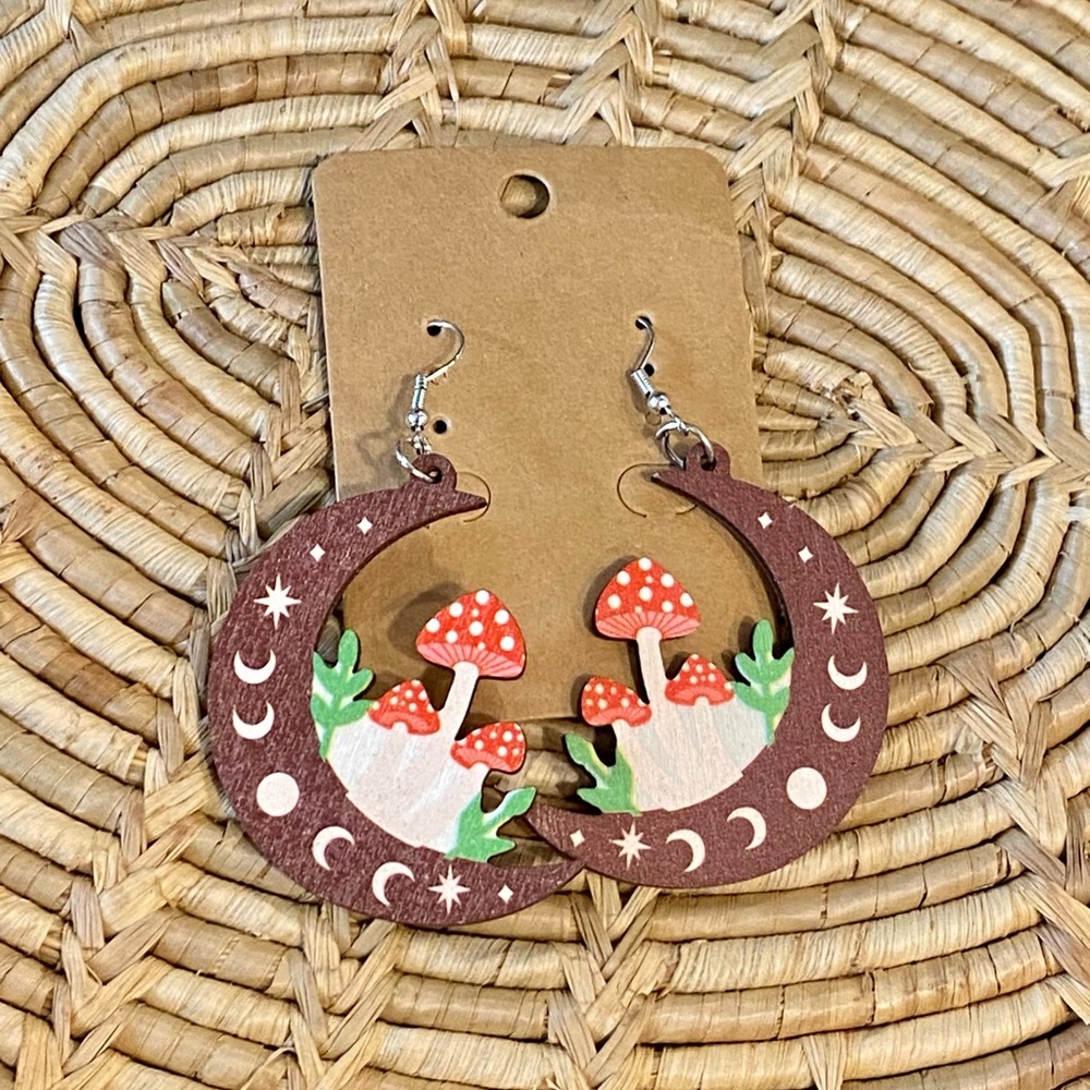 Funky Wood Mushroom and Moon Earrings - Picture 2 of 4
